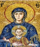 Image of a mosaic of Madonna and child, showing halos around their heads